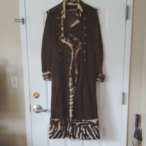 Brown Leather Jacket with Animal Print Trim